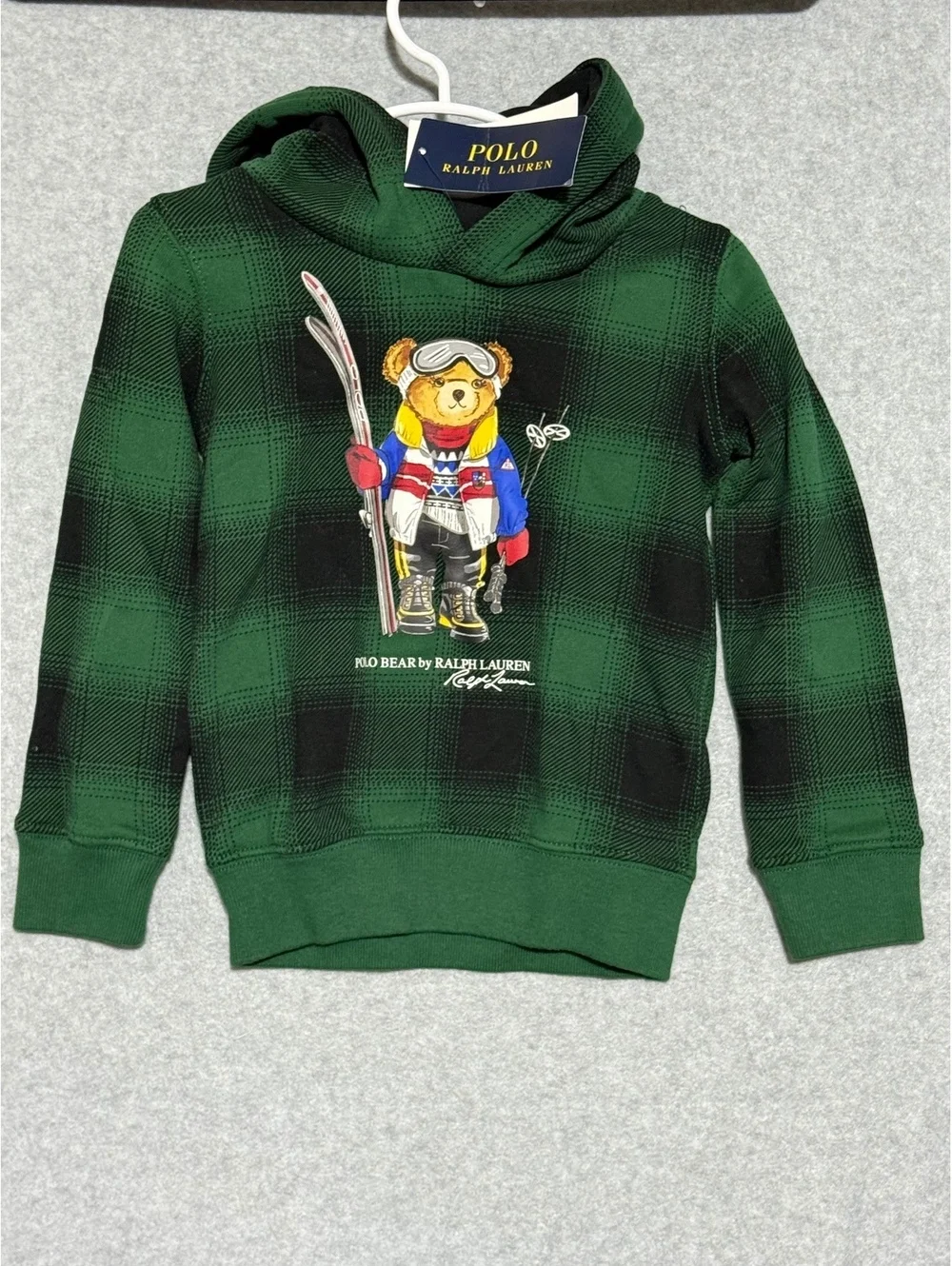 NWT Polo Ralph Lauren Boys Size 4 Green Watch Plaid Skiing Polo Bear Hoodie
